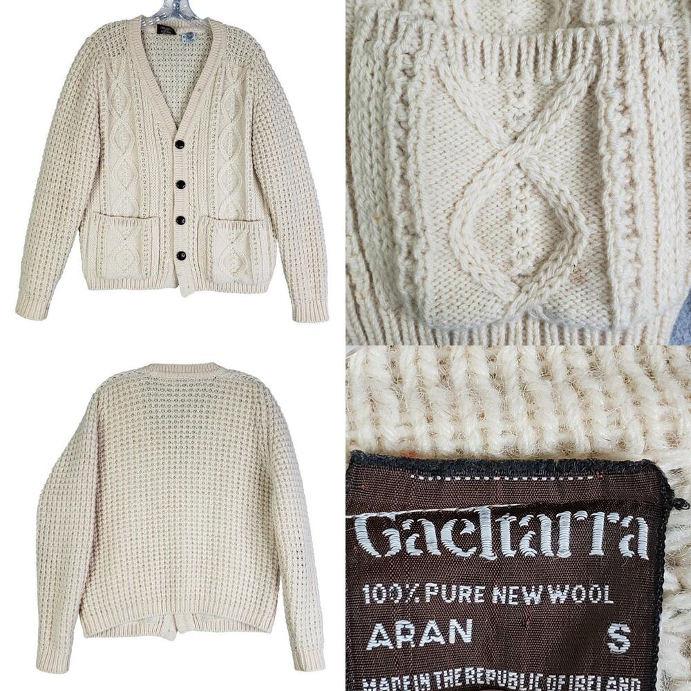 Aran Gaeltarra Irish Wool Fisherman Sweater Cardigan Cable Knit Wood Button Up